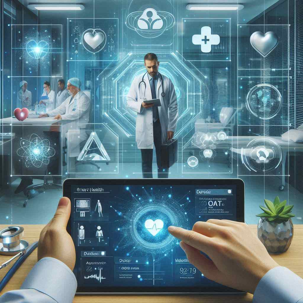 Futuristic healthcare scene featuring IoT devices, Python-powered dashboards, and smart health applications