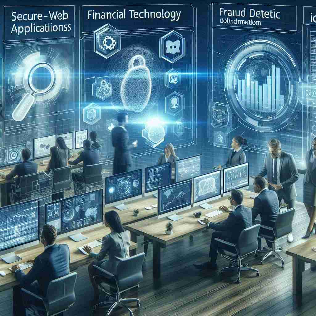 Custom software solutions for financial services: secure web applications, real-time analytics, and fraud detection tools in a high-tech office setup.